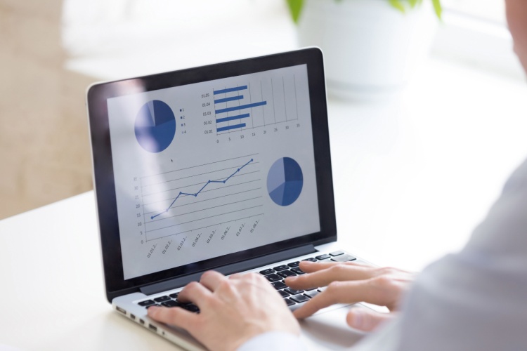 A business person analyzing graphics and data on a laptop